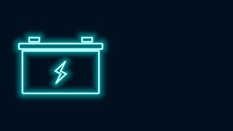 Glowing neon line Car battery icon isolated on black background. Accumulator battery energy power and electricity accumulator battery. 4K Video motion graphic animation.