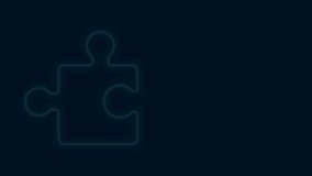 Glowing neon line Piece of puzzle icon isolated on black background. Modern flat, business, marketing, finance, internet concept. 4K Video motion graphic animation.