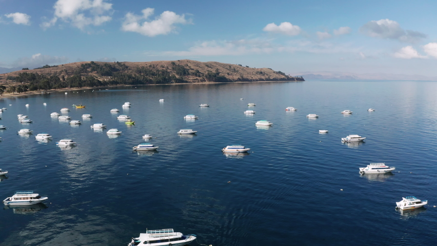 Copacabana city in Bolivia and Titicaca lake aerial view