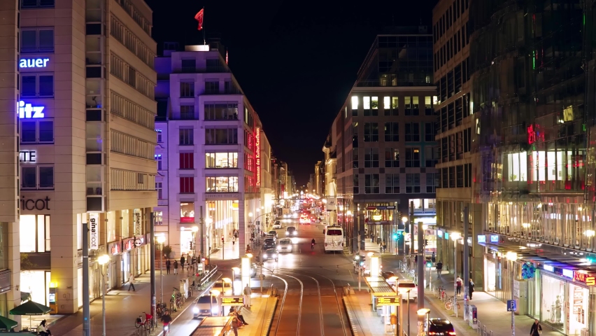 BERLIN, GERMANY: Friedrichsstraße is a lively place in Berlin, espacially at night when all the colorful lights are turned on, as you can see in this time lapse.