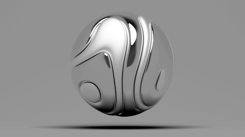 3d render of abstract art with surreal 3d organic alien ball or liquid substance in curve wavy smooth and soft bio forms in matte aluminium and silver metal material on grey background