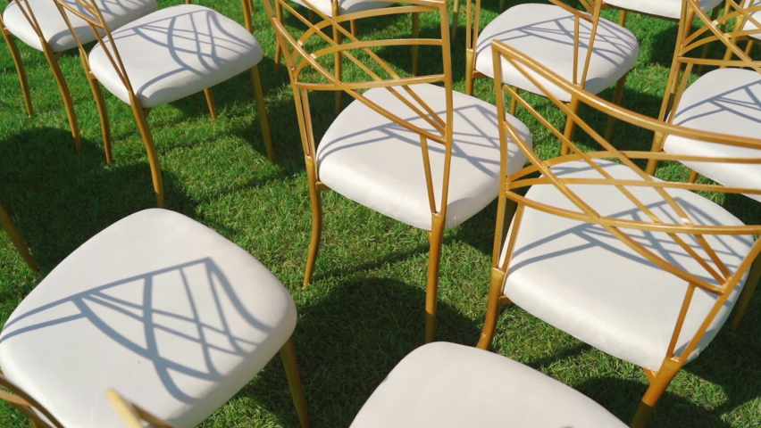 White wedding chairs on green lawn. Close up