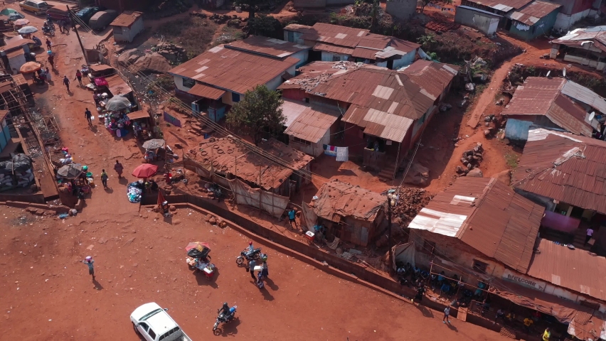 Aerial Freetown Sierra Leone mountain village poverty. Sierra Leone on the coast of west Africa is a nation that suffers with extreme poverty and hunger. Tropical climate environment.