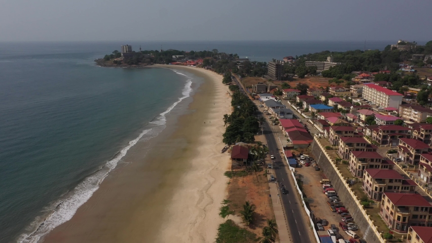 Aerial Freetown Sierra Leone beach Africa. Sierra Leone on the coast of west Africa is a nation that suffers with extreme poverty and hunger. Tropical climate environment.