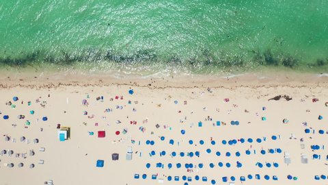 People at luxury hotel resort celebrating summer vacation. Aerial view of sand beach. Families enjoying sunny day on travel holiday. Perfect for summer background. Tropical beach. Travel USA tourism