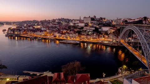 Timelapse Porto, Oporto, Portugal at sunset, night to day reverse