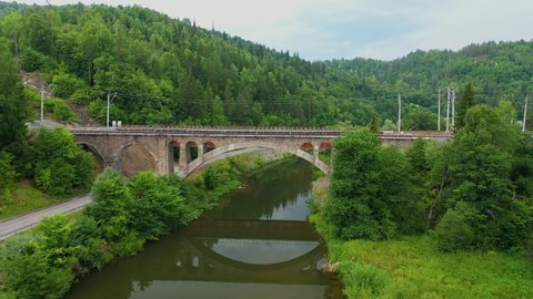 Nikolsky stone bridge over the Sim river in the Chelyabinsk region of Russia. The author of the project Belelyubsky. Aerial Video