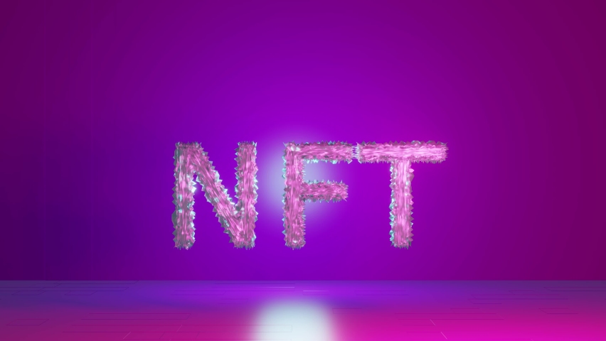 NTF text animation of vivid tech violet background. Non-refundable token. 3d render. Crypto art place for selling. Blockchain concept. Royalty-Free Stock Footage #1068821015