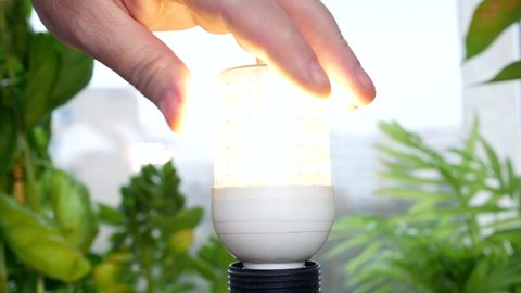 Man's Hand Unscrews from the Socket and Turns Off an Led Bulb Saving the Energy.
