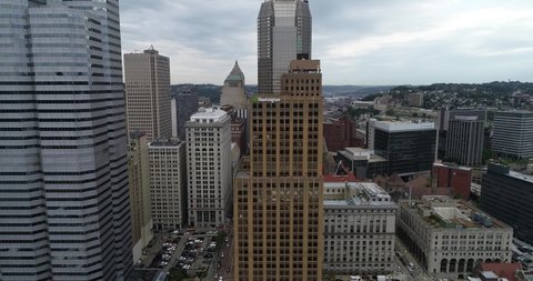 PITTSBURGH, PENNSYLVANIA - SEPTEMBER 29, 2019: Aerial view of Pittsburgh, Pennsylvania. Daytime with business district and Traffic