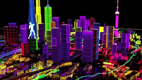 Abstract City Grid. Aerial view of a Dystopian Shanghai city in the future with projection mapping on buildings with cyberpunk