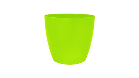 Stop motion animation with colored flowerpots. 4K. Changing the color of flowerpot on a white background. Garden furniture. Plastic interior items.