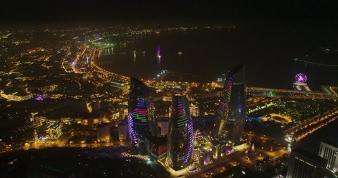 Baku  Azerbaijan - 10.10.2015: Panoramic view of Baku Flame Towers at night 