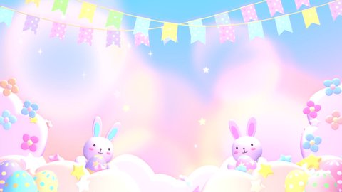 Looped cartoon Easter bunny and flowers animation. Beautiful pastel sky with glowing bubble lights, stars, and bunting flags.