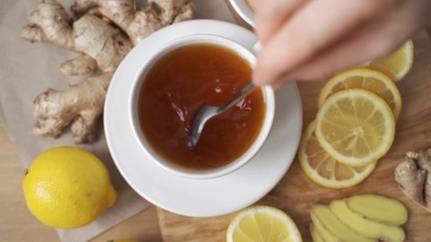 Ginger, honey, lemon and lime herbal tea preparation with high levels of Vitamin C, boosting the immune system.