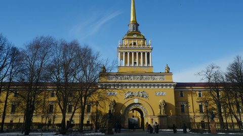 St. Petersburg, Russia, March 4, 2021.Admiralty building, main entrance with a tower and with weather vane panorama up, time lapse