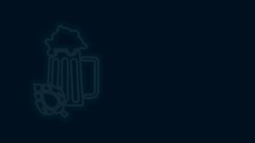 Glowing neon line Glass of beer and hop icon isolated on black background. 4K Video motion graphic animation.