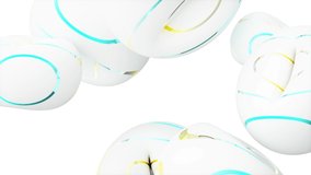 3d render of abstract art video with surreal flying balloons or blow donuts in white matte plastic with glossy metallic stripes on surface in rainbow gradient color on isolated white background