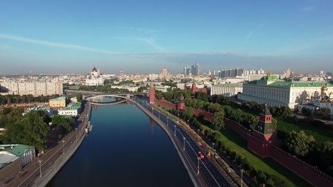 embankment near the walls of the Moscow Kremlin across the Moscow river in summer. flying across the Moscow river. historical part of Moscow. aerial view