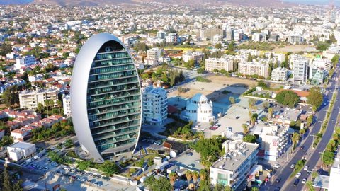 Limassol, Cyprus - October 10, 2019: Flying over Limassol close to the Oval high-rise building