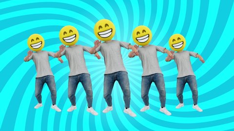 Funny Male and Lucky Team Dancing in Comical Rhythm of Dj Mix 80s 90s. 3d Animated Graphics Smiling Hipster Boy Moves under Beat Fun Enjoyment. Happiness Emotions Lifestyle Concept with Yellow Symbol