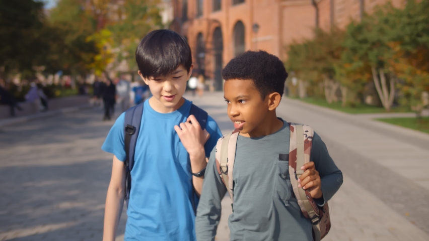 Two diverse school kids walking home together after school and talking. Asian and african preteen boys pupils walking outdoors and chatting carrying backpack Royalty-Free Stock Footage #1068882059