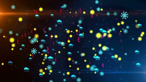 Weather symbols and icons flying icons loopable seamless 3d animation. Abstract concept digital background with storm, lighting, snow, rain cloud and sun signs.