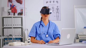 Health physician using medical inovation wearing virtual reality goggles in hospital. Therapist using equipment device glasses, future, medicine, physician, healthcare, professional, vision, simulator