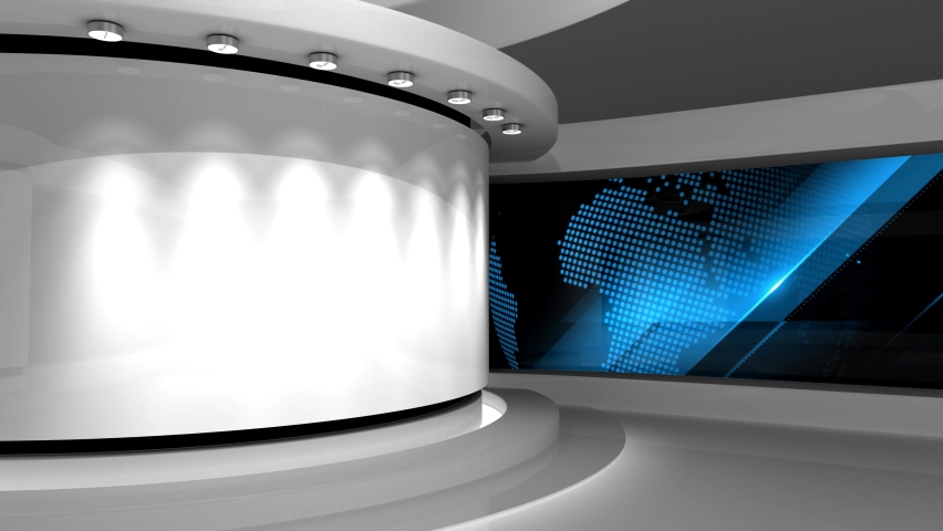 Tv studio. News room. Studio Background. White studio. Newsroom bakground. Green screen on wall. Backdrop for any green screen or chroma key video production. Loop. 3D rendering. 