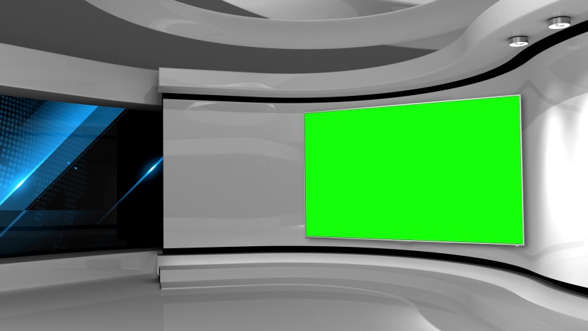 Tv studio. News room. Studio Background. White studio. Newsroom bakground. Green screen on wall. Backdrop for any green screen or chroma key video production. Loop. 3D rendering. 