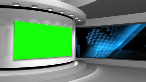 Tv studio. News room. Studio Background. White studio. Newsroom bakground. Green screen on wall. Backdrop for any green screen or chroma key video production. Loop. 3D rendering. 