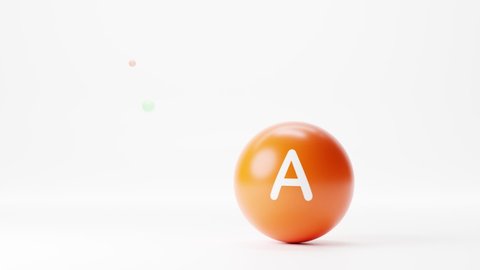 Letter A on an orange ball, alphabet, educational game for children. Round pill of vitamin, retinol, beta carotene, bio supplements. Cosmetic product, capsule on white background with colored spheres