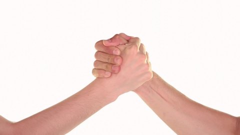 Hands in Arm wrestle and handshake gesture over white background, loopable
