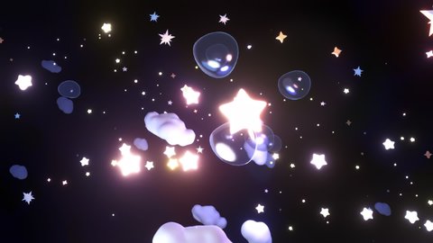 Looped cartoon glowing stars, clouds, and bubbles in the sky at night animation.