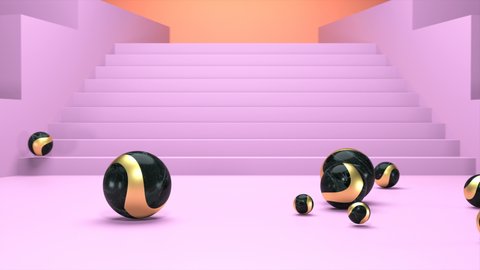 Black and gold marble balls fall down the pink stairs.Minimal scene with podium. Abstract animation, 3d render
