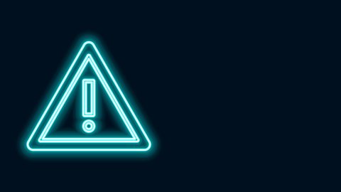 Glowing neon line Exclamation mark in triangle icon isolated on black background. Hazard warning sign, careful, attention, danger warning important sign. 4K Video motion graphic animation.