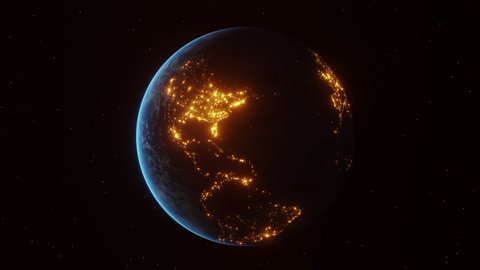 Continental night lights of american cities turn off abruptly as seen from the space. Concept of power outage or international Earth Hour event. 3d animation in 4K.