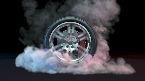 4K Animation of Car wheel in Burnout with smoke at dark background.