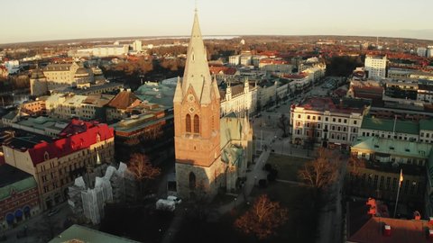 panoramic 4k areal shot of Nikolai church (Nikolaikyrkan) in Örebro city center , Sweden 
