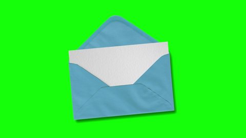Envelope opening animation.Mail, paper reveal ,invitation ,letter or card animated on green screen chroma key background. 