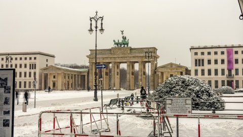 Berlin, Germany 2021- Brandenburg gate (Brandenburger Tor) in snow, Berlin, Germany, Europe