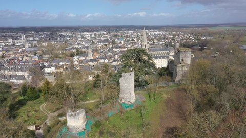 France, Loir-et-Cher, Vendôme, Trinity Abbey, wide drone aerial view starting from the ruins of the old castel