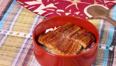 Unaju, japanese food, grilled eel served over rice in a bowl