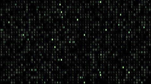 Blue colored on dark background binary code, program listing running animation