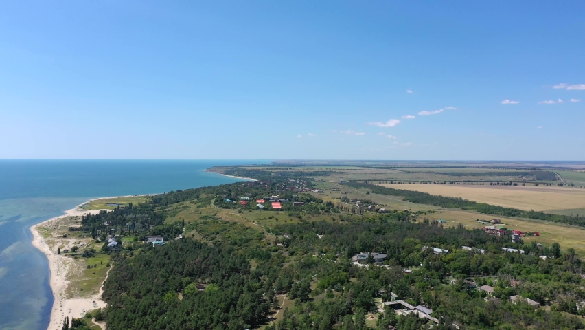 Picturesque seaside. Aerial view of the sea coastline. Sea of Azov Ukraine