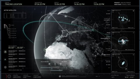 Active satellite search is performed by secret service software. The program draws attention to France. Receiving satellite images of the terrain. Identifying exact coordinates. User interface.