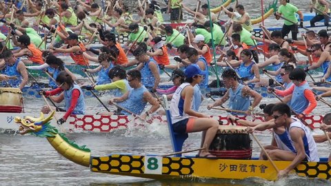 HONG KONG - MAY 30: Hong Kong Shatin Dragon Boat Race. Slow Motion Dragon boat racing in Hong Kong. on May 30, 2017.