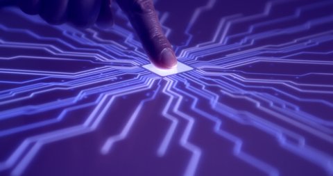Human Finger Turns On Super Computer With Fingerprint Technology. Super AI Computers Integrating With Human Life.