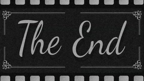 Slogan the end. Old Filmstrip. Old movie films strip frame. Effect of old film rolling with details, scratches, markers and grain. 
Movie countdown

