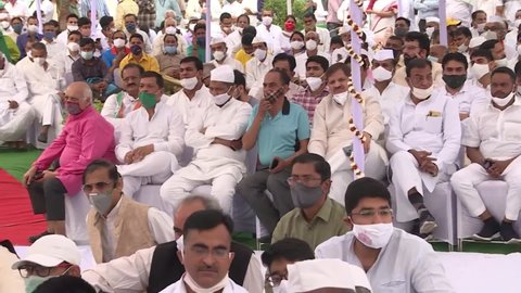 Jaipur, Rajasthan, India, March 12, 2021: Rajasthan Chief Minister Ashok Gehlot speaks during 'Padyatra' to mark the 91st anniversary of Dandi March or Salt Movement at Mahatma Gandhi Circle in Jaipur.